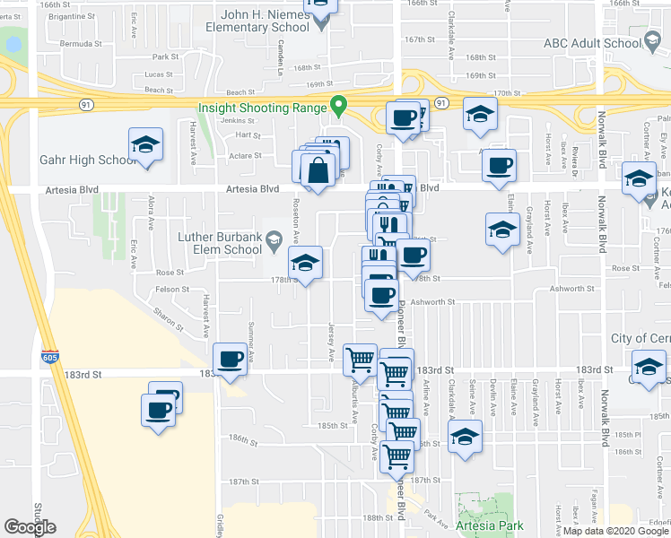 map of restaurants, bars, coffee shops, grocery stores, and more near 17714 Jersey Avenue in Artesia