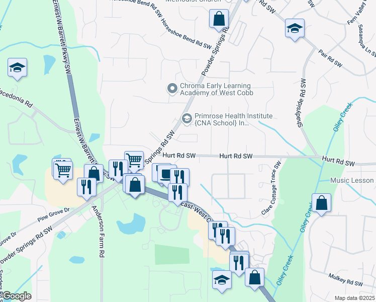 map of restaurants, bars, coffee shops, grocery stores, and more near 2416 Hurt Road Southwest in Marietta