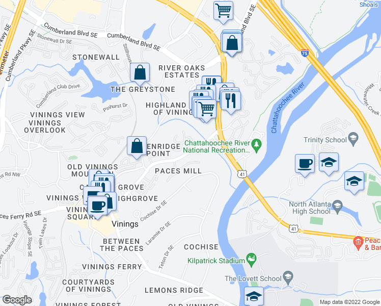 map of restaurants, bars, coffee shops, grocery stores, and more near 3486 Essex Avenue in Atlanta