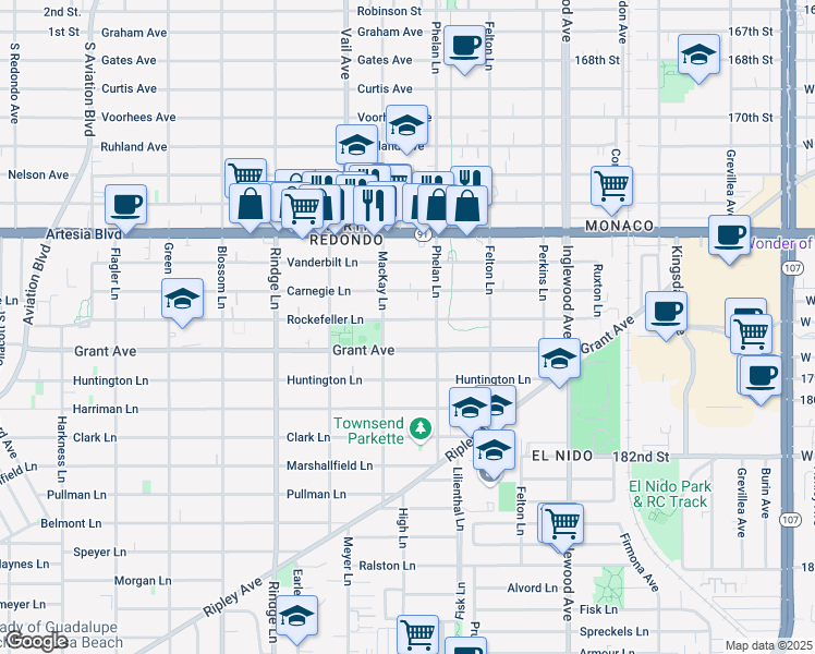 map of restaurants, bars, coffee shops, grocery stores, and more near 2410 Rockefeller Lane in Redondo Beach