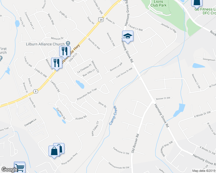 map of restaurants, bars, coffee shops, grocery stores, and more near 5626 Princeton Run Trail in Tucker
