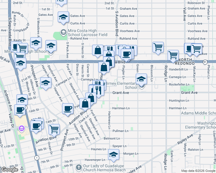 map of restaurants, bars, coffee shops, grocery stores, and more near 1713 Rockefeller Lane in Redondo Beach