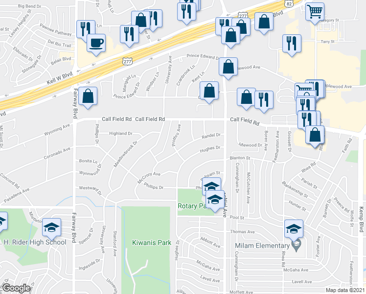map of restaurants, bars, coffee shops, grocery stores, and more near 4309 Randel Drive in Wichita Falls