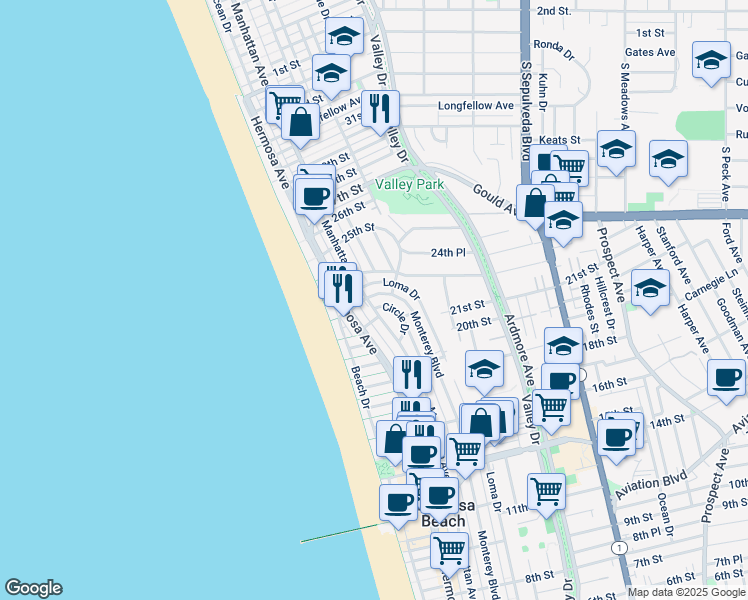 map of restaurants, bars, coffee shops, grocery stores, and more near 2114 Manhattan Avenue in Hermosa Beach