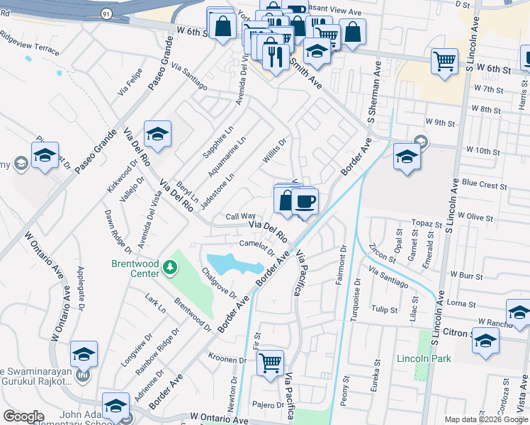 map of restaurants, bars, coffee shops, grocery stores, and more near 1213 Hampton Circle in Corona