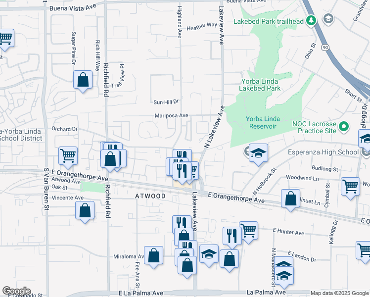 map of restaurants, bars, coffee shops, grocery stores, and more near 2024 Tanforan Avenue in Placentia