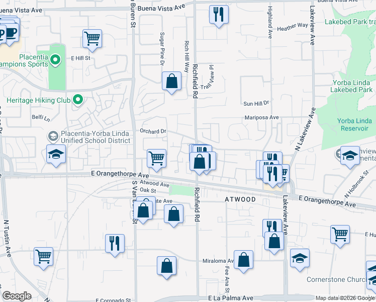 map of restaurants, bars, coffee shops, grocery stores, and more near 150 Eisenhower Way in Placentia