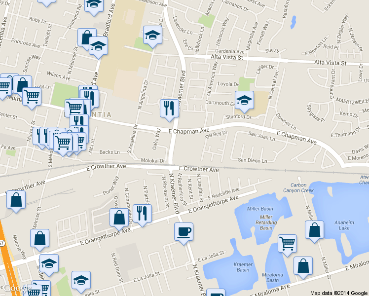 map of restaurants, bars, coffee shops, grocery stores, and more near 212 South Kraemer Boulevard in Placentia
