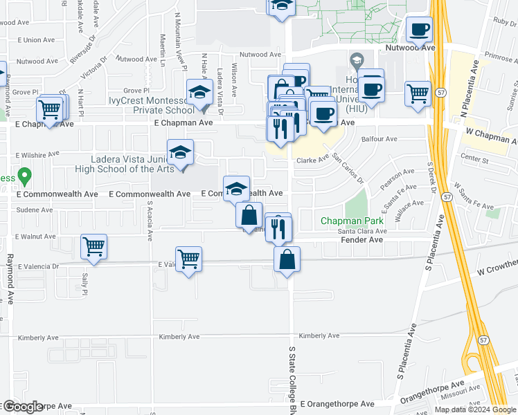 map of restaurants, bars, coffee shops, grocery stores, and more near 2300 East Commonwealth Avenue in Fullerton