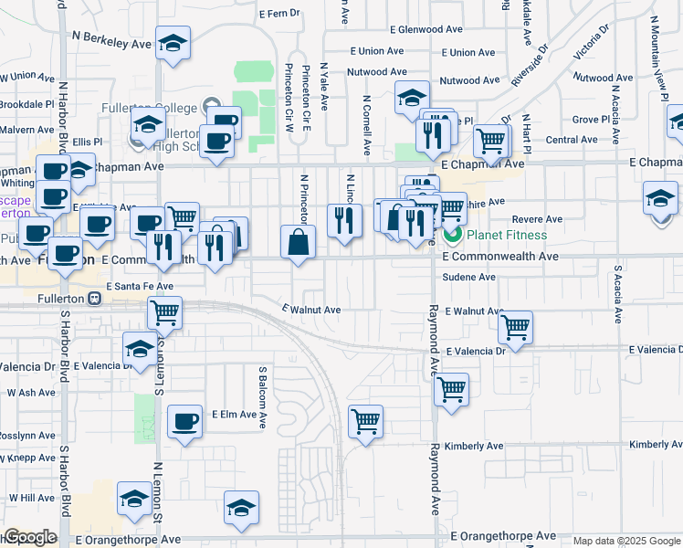 map of restaurants, bars, coffee shops, grocery stores, and more near 110 South Yale Avenue in Fullerton