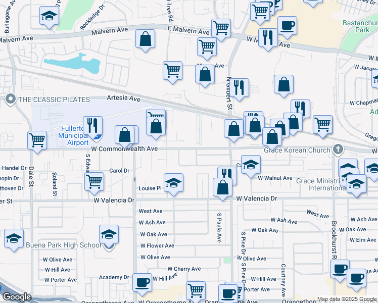 map of restaurants, bars, coffee shops, grocery stores, and more near 2420 West Commonwealth Avenue in Fullerton