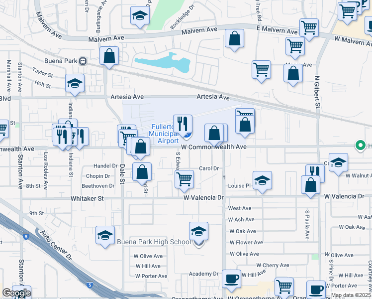 map of restaurants, bars, coffee shops, grocery stores, and more near 4004 West Commonwealth Avenue in Fullerton