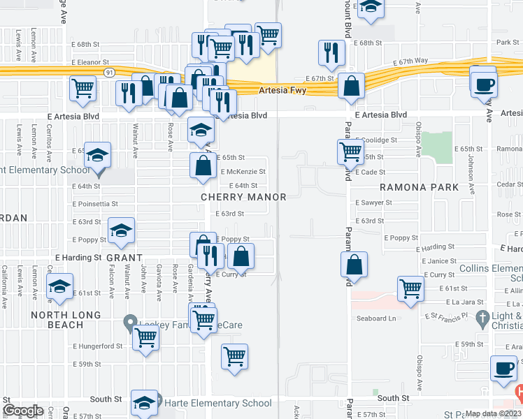 map of restaurants, bars, coffee shops, grocery stores, and more near 2250 East Poinsettia Street in Long Beach