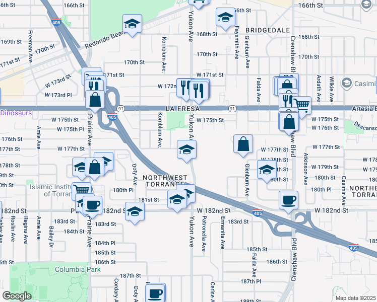 map of restaurants, bars, coffee shops, grocery stores, and more near 17691 Yukon Avenue in Torrance