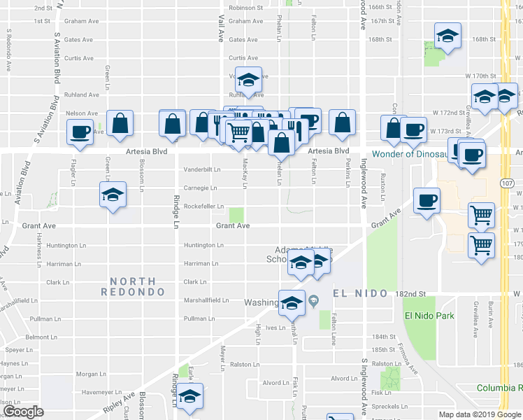 map of restaurants, bars, coffee shops, grocery stores, and more near 2406 Rockefeller Lane in Redondo Beach
