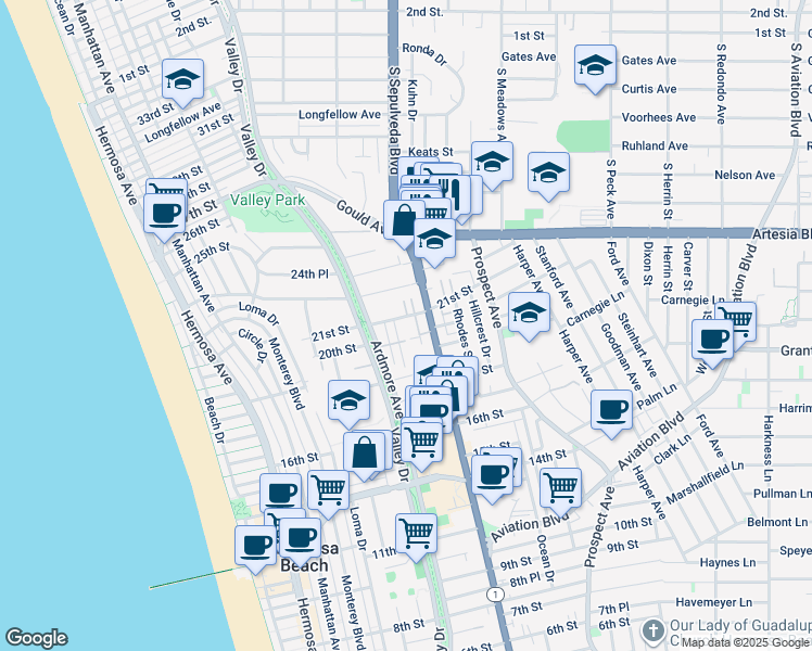 map of restaurants, bars, coffee shops, grocery stores, and more near 2001 California 1 in Hermosa Beach