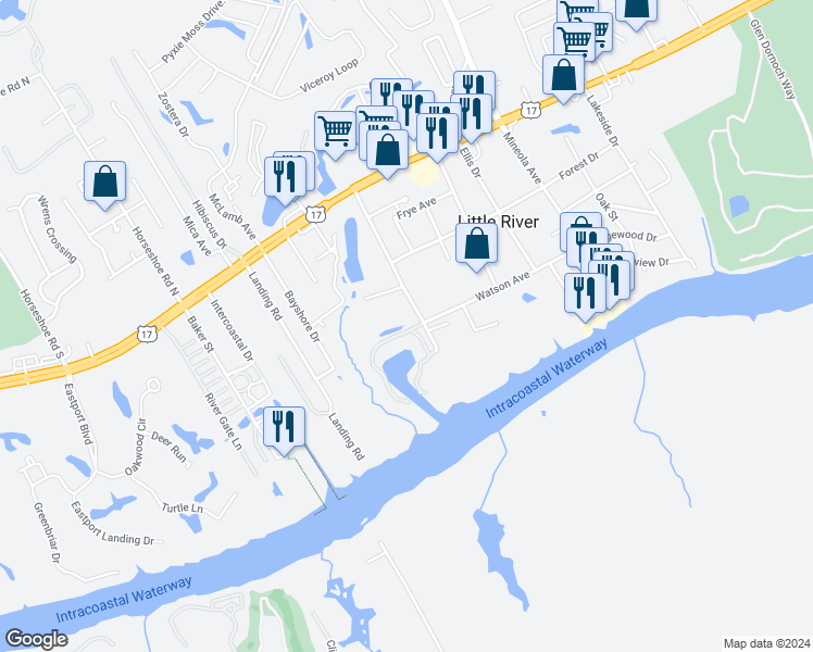 map of restaurants, bars, coffee shops, grocery stores, and more near 1497 South Mariners Pointe in Little River