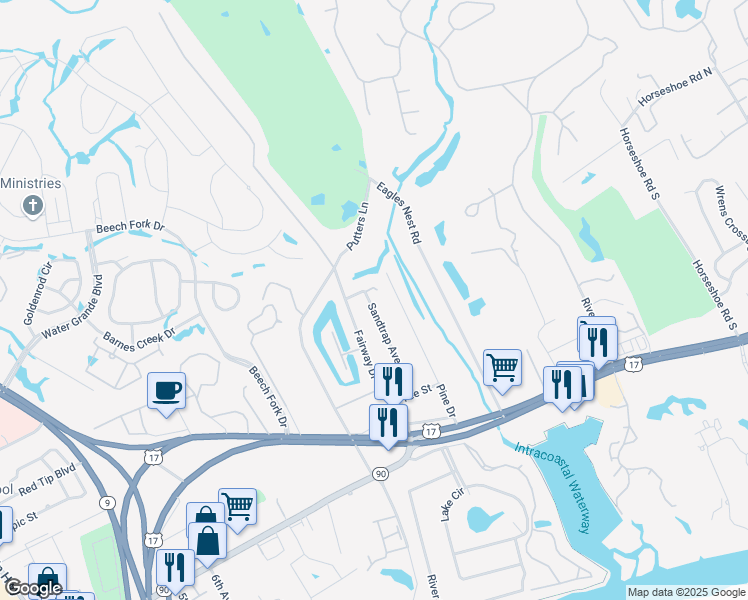 map of restaurants, bars, coffee shops, grocery stores, and more near 4048 Pine Drive in Little River
