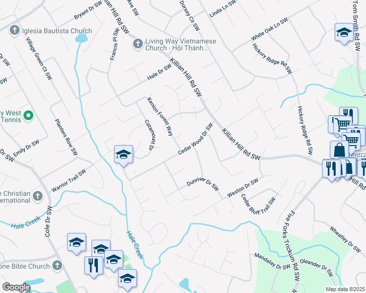 map of restaurants, bars, coffee shops, grocery stores, and more near 4397 Cedar Wood Drive Southwest in Lilburn