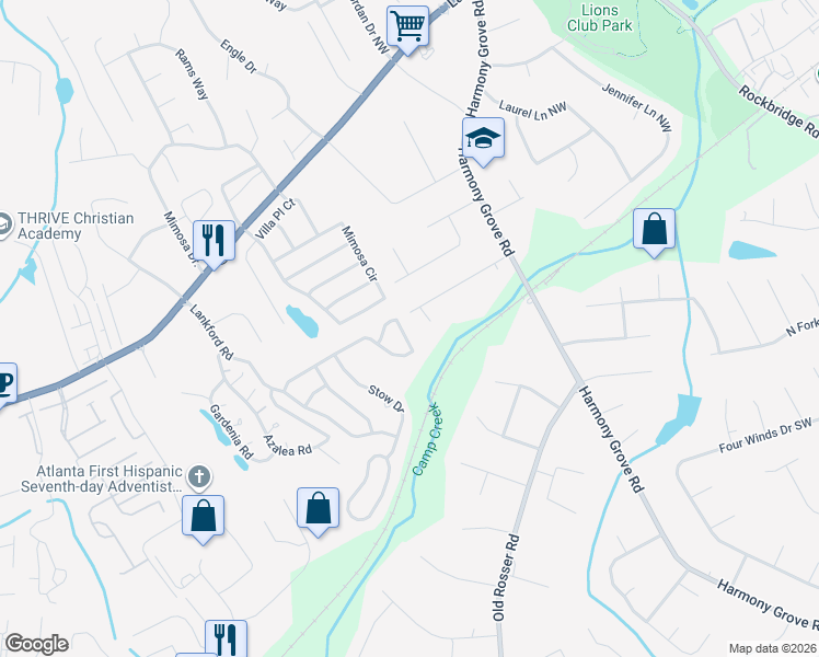 map of restaurants, bars, coffee shops, grocery stores, and more near 5626 Princeton Run Trail in Tucker
