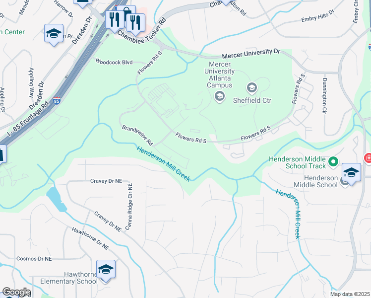 map of restaurants, bars, coffee shops, grocery stores, and more near 3015 Flowers Road South in Chamblee