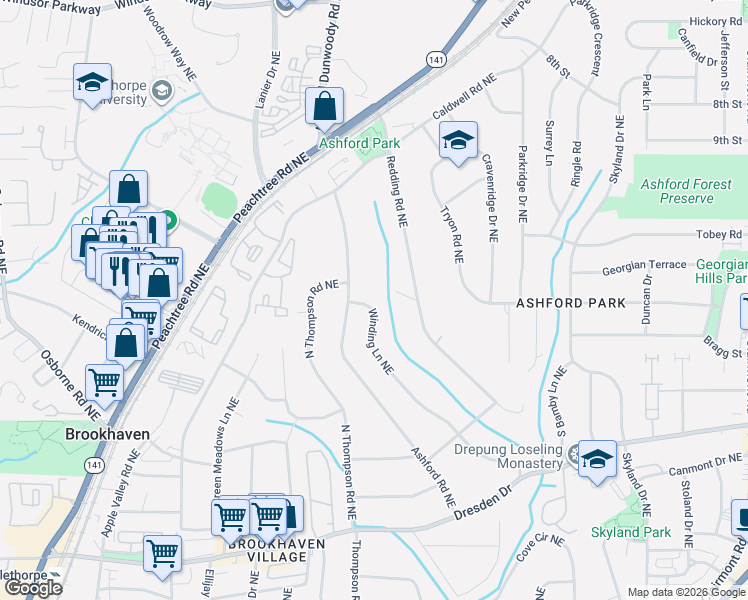 map of restaurants, bars, coffee shops, grocery stores, and more near 2807 Winding Lane Northeast in Atlanta