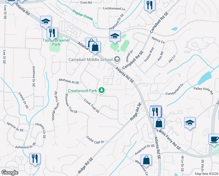 map of restaurants, bars, coffee shops, grocery stores, and more near 3434 Belridge Drive in Smyrna