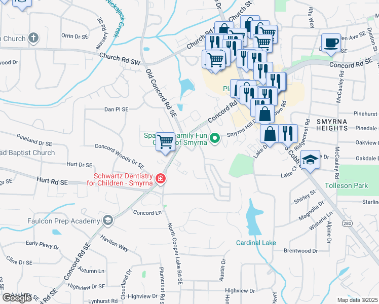 map of restaurants, bars, coffee shops, grocery stores, and more near 623 Dunton Circle Southeast in Smyrna