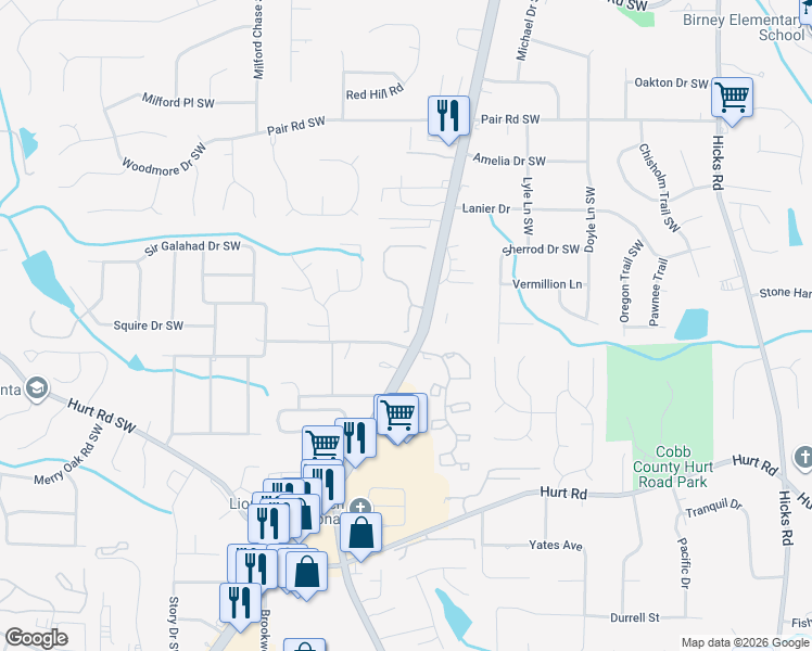 map of restaurants, bars, coffee shops, grocery stores, and more near 3424 Double Eagle Drive Southwest in Marietta