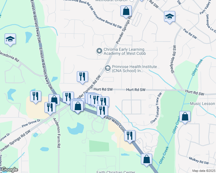 map of restaurants, bars, coffee shops, grocery stores, and more near 2416 Hurt Road Southwest in Marietta