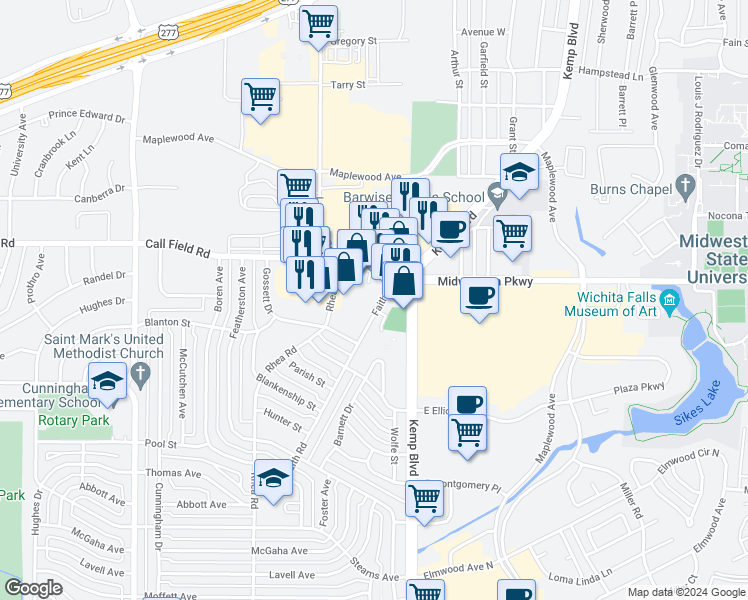 map of restaurants, bars, coffee shops, grocery stores, and more near 4011 Rhea Road in Wichita Falls