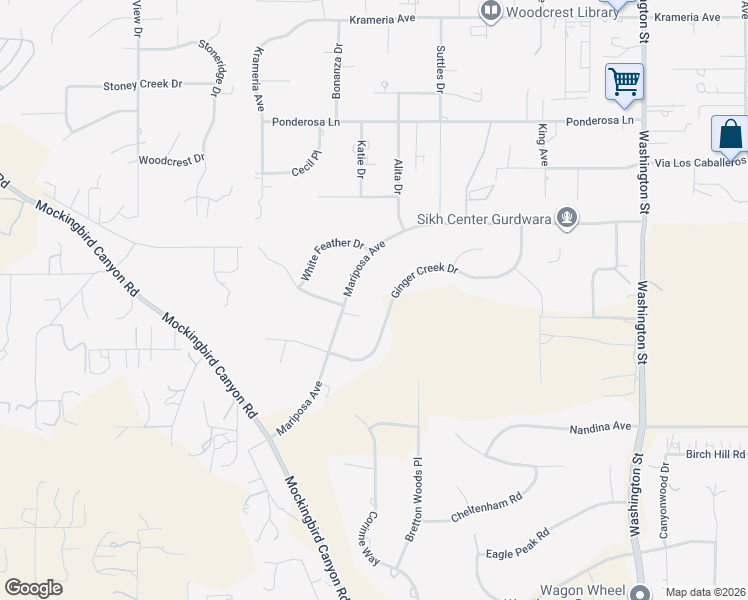 map of restaurants, bars, coffee shops, grocery stores, and more near 16402 Ginger Creek Drive in Riverside