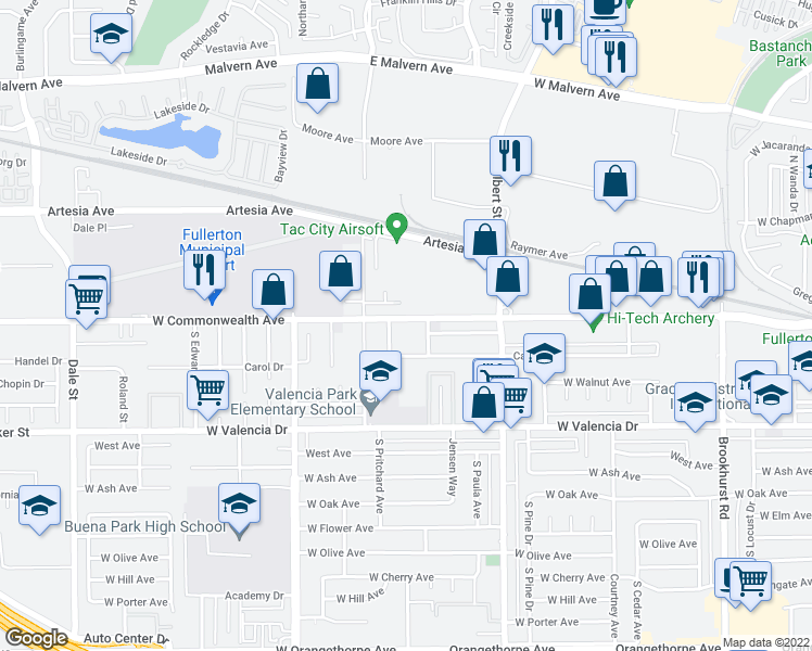 map of restaurants, bars, coffee shops, grocery stores, and more near 2420 West Commonwealth Avenue in Fullerton