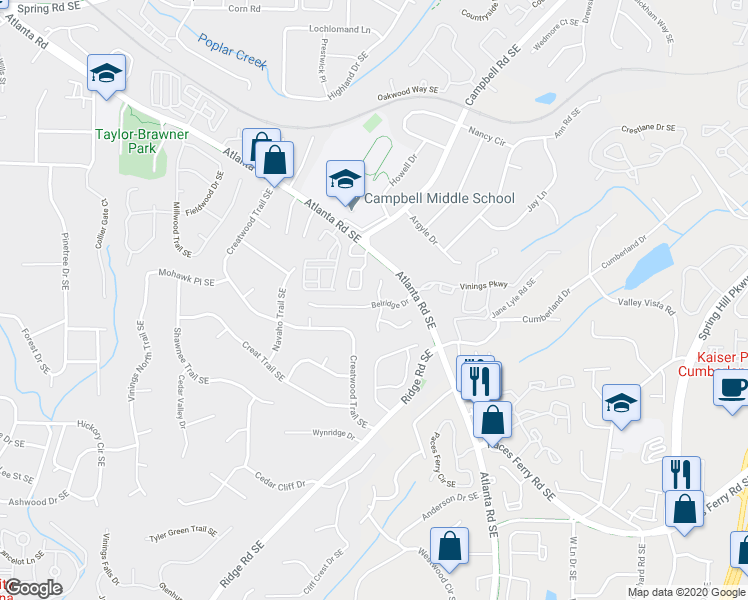 map of restaurants, bars, coffee shops, grocery stores, and more near 2015 Belridge Court in Smyrna