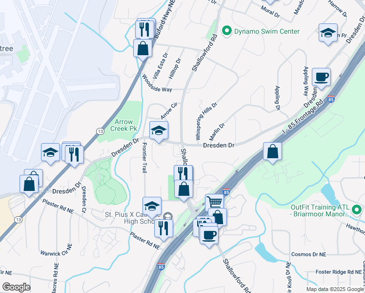 map of restaurants, bars, coffee shops, grocery stores, and more near in Chamblee