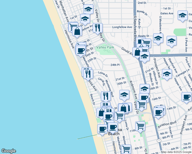 map of restaurants, bars, coffee shops, grocery stores, and more near 2114 Manhattan Avenue in Hermosa Beach