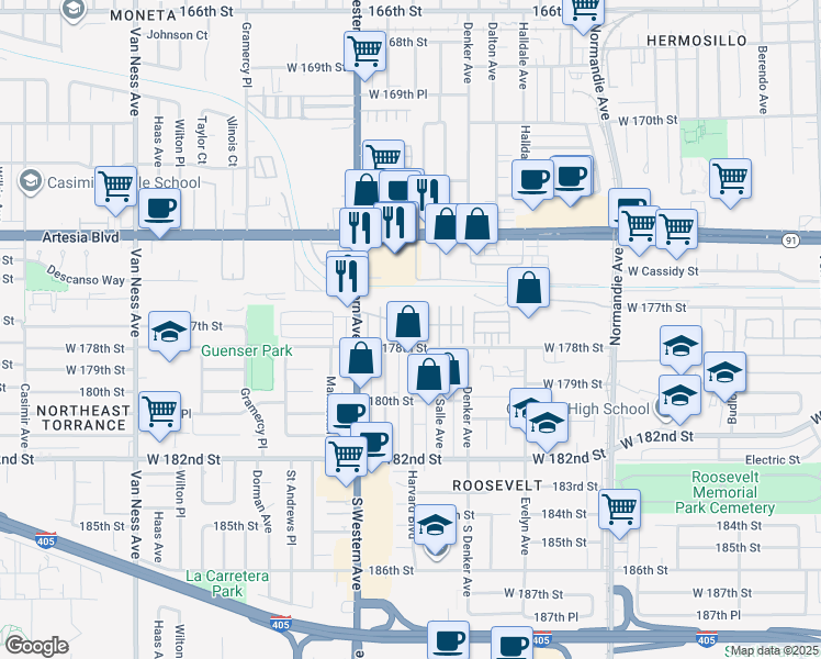 map of restaurants, bars, coffee shops, grocery stores, and more near 17700 South Western Avenue in Gardena