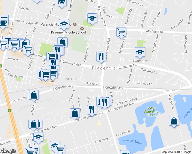map of restaurants, bars, coffee shops, grocery stores, and more near 362 Hawaii Way in Placentia