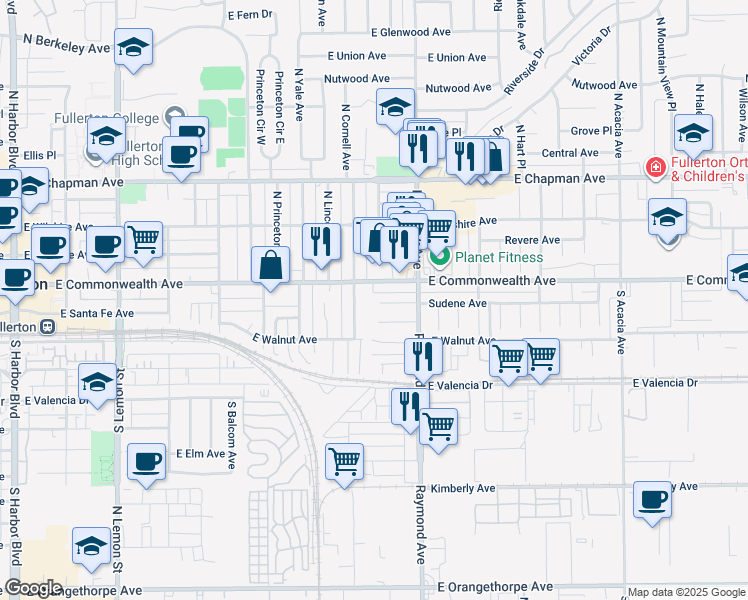 map of restaurants, bars, coffee shops, grocery stores, and more near 1101 Sudene Avenue in Fullerton