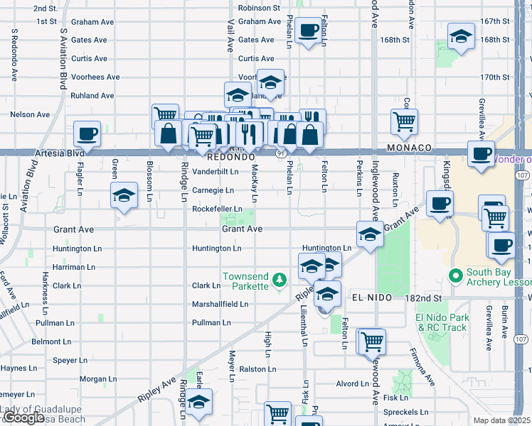 map of restaurants, bars, coffee shops, grocery stores, and more near 2406 Rockefeller Lane in Redondo Beach