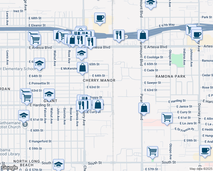 map of restaurants, bars, coffee shops, grocery stores, and more near 2250 East Poinsettia Street in Long Beach