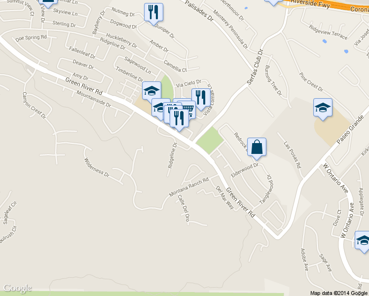 map of restaurants, bars, coffee shops, grocery stores, and more near 1450 Serfas Club Drive in Corona