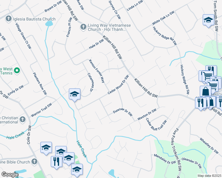 map of restaurants, bars, coffee shops, grocery stores, and more near 4397 Cedar Wood Drive Southwest in Lilburn