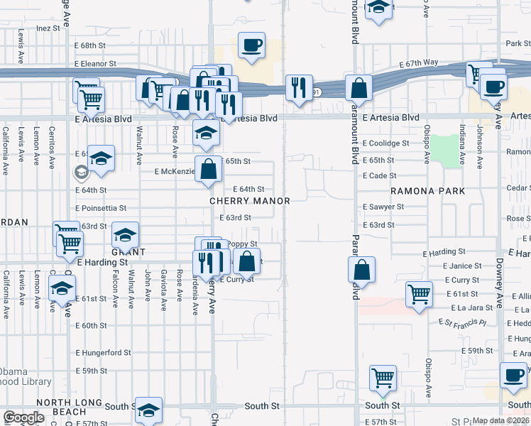 map of restaurants, bars, coffee shops, grocery stores, and more near 2251 East 63rd Street in Long Beach