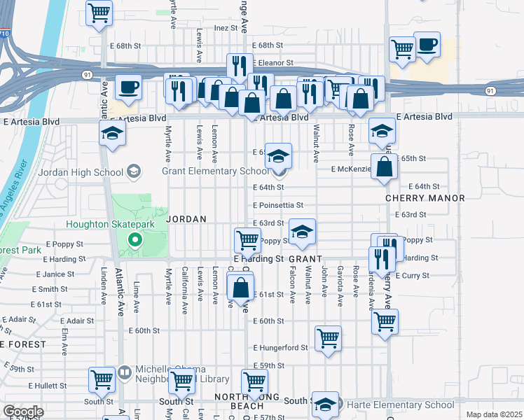 map of restaurants, bars, coffee shops, grocery stores, and more near 1242 East Poinsettia Street in Long Beach