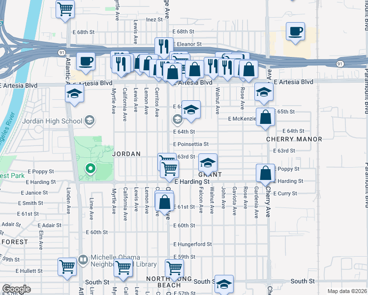 map of restaurants, bars, coffee shops, grocery stores, and more near 1316 East Poinsettia Street in Long Beach
