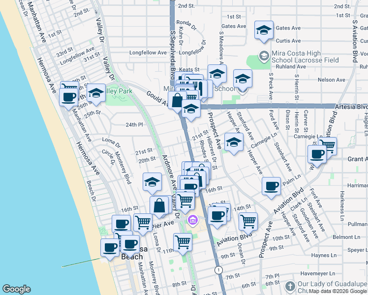 map of restaurants, bars, coffee shops, grocery stores, and more near 2001 California 1 in Hermosa Beach