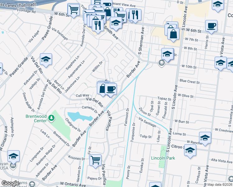 map of restaurants, bars, coffee shops, grocery stores, and more near 1186 Border Avenue in Corona