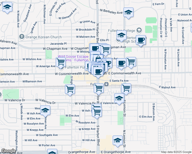 map of restaurants, bars, coffee shops, grocery stores, and more near in Fullerton