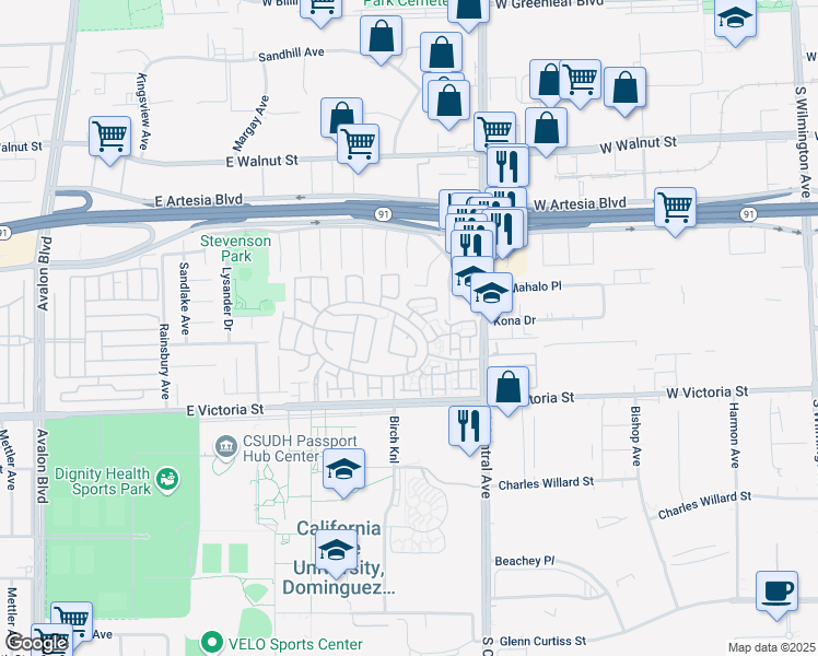 map of restaurants, bars, coffee shops, grocery stores, and more near 1218 Hickory Drive in Carson